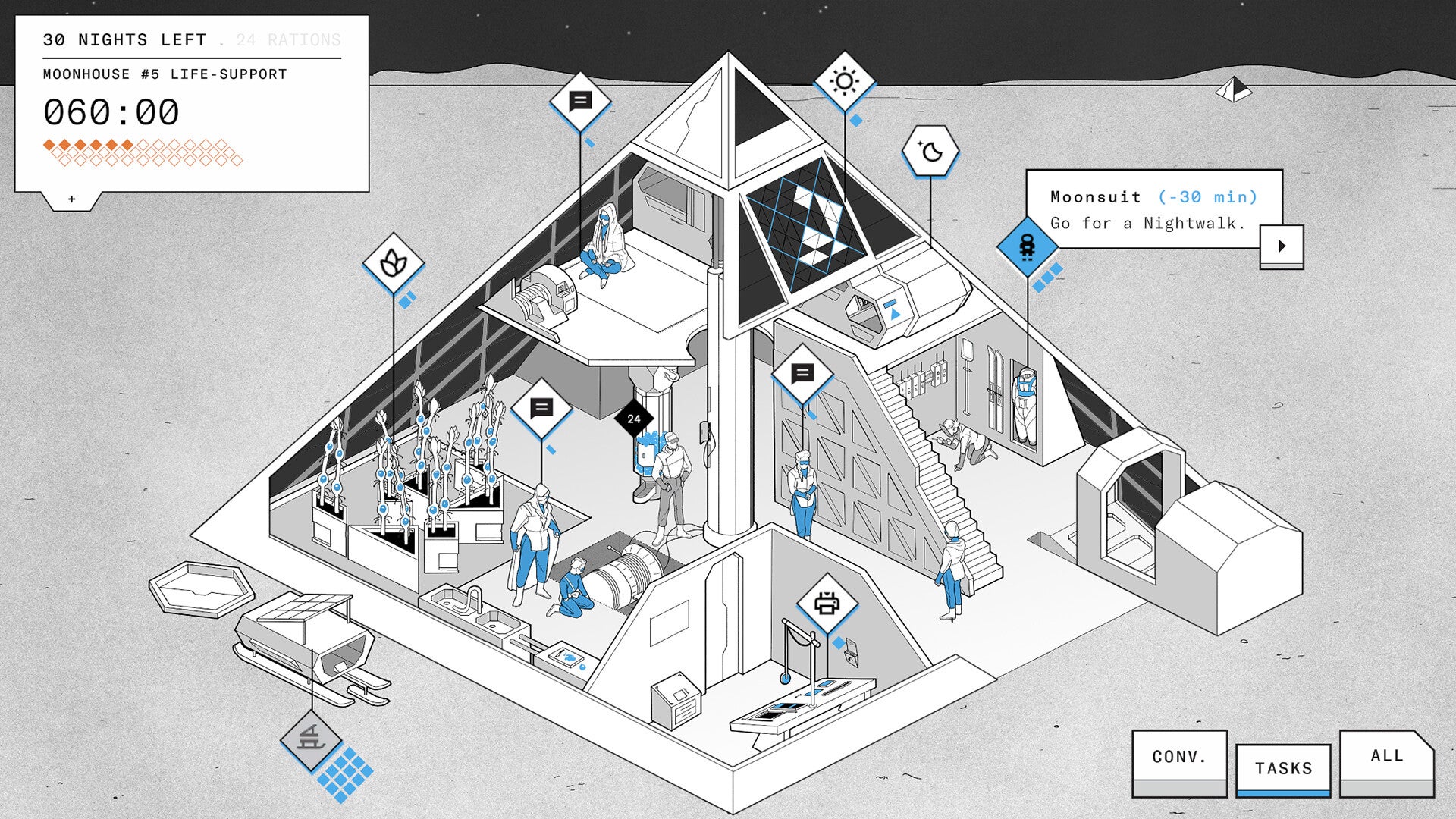 In this austerely beautiful moonbase management game, "your only choices will be impossible ones"